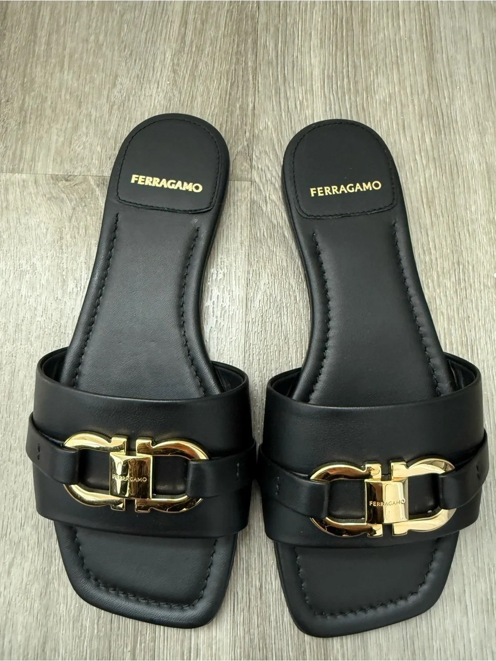 Ferragamo Black Gancini Flat Sandals | Size 6 / 36